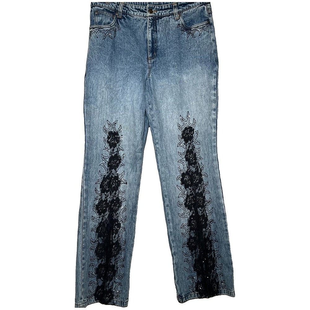 Vtg 90s Jeanology Whimsigoth Fairy Grunge Acid Wash Jeans 12 Lace Sequin Bootcut